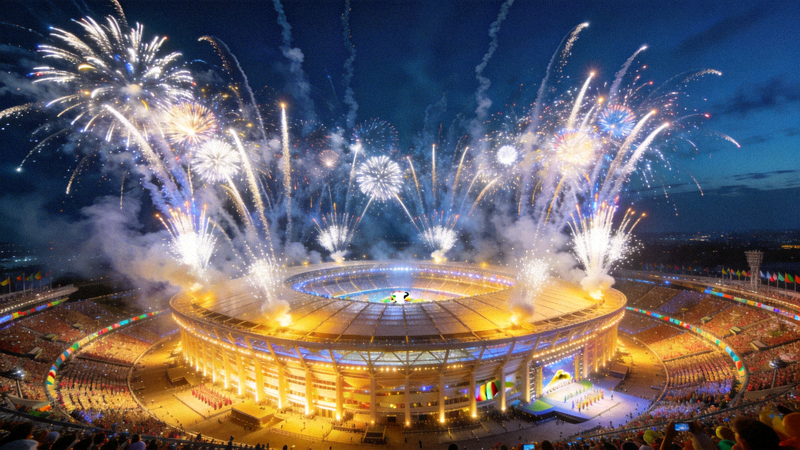 世界杯开幕式盛大烟花表演照亮体育场夜空